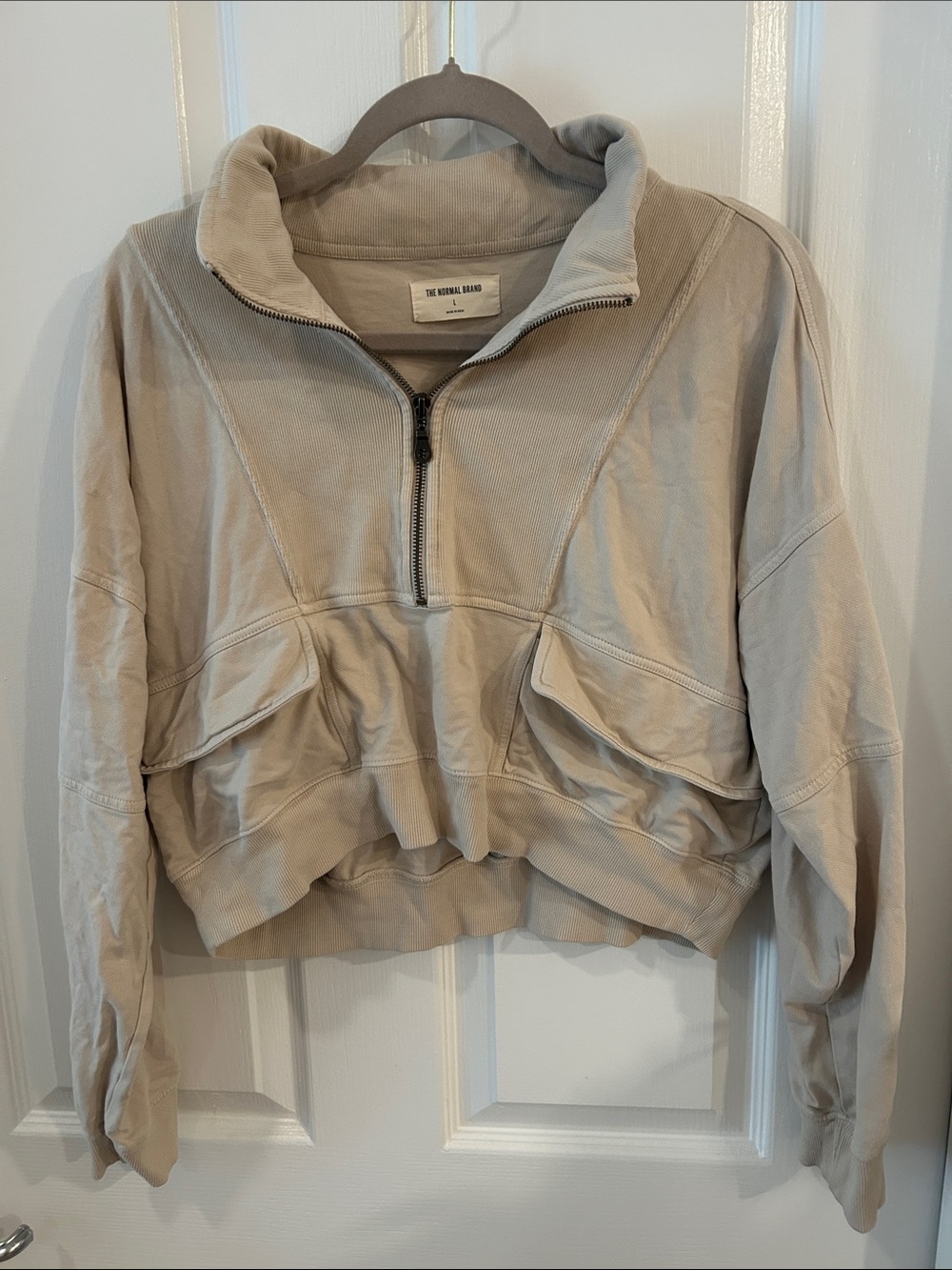 The Normal Brand Cropped Half-Zip Pullover in Taupe